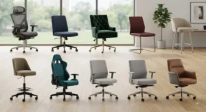 A selection of durable fabric office chairs showcasing different styles and colors.