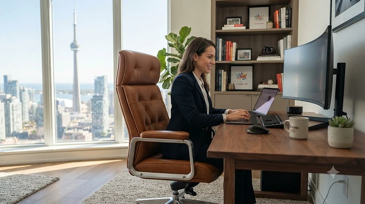 A sleek ergonomic executive leather office chair set up in a modern Toronto home office overlooking a skyline view.