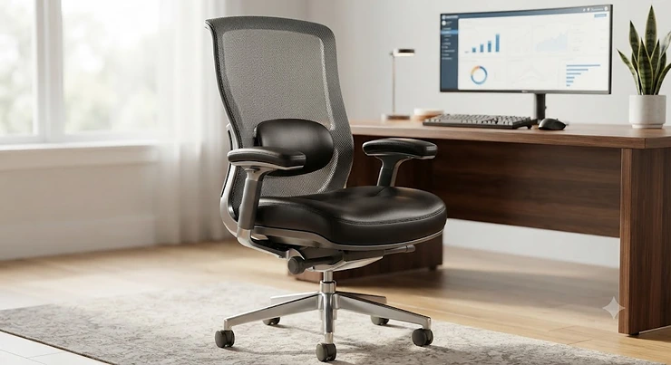 Executive breathable office chair combining a cushioned seat with a ventilated mesh back for all-season office comfort. breathable office chairs