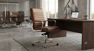 Mid-century modern brown faux leather office chair styled for professional corporate interiors.