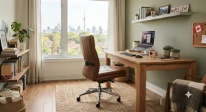 A stylish brown leather computer chair tucked neatly under a compact wooden desk in a small apartment.
