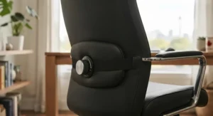 Close-up of the adjustable lumbar support on an affordable leather desk chair designed for posture.