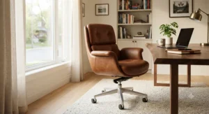 A comfortable brown leather office chair illuminated by soft natural morning light next to a home window.