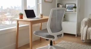 Compact breathable office chair tucked under a minimalist wooden desk in a bright Canadian home office setting.