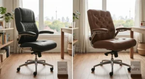 Side-by-side view showcasing stitching details and tilt mechanisms on discounted leather office chairs.