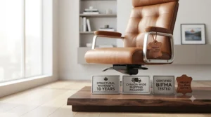 An icon graphic representing Canada-wide shipping and long-term structural warranty for heavy-duty leather office chairs.
