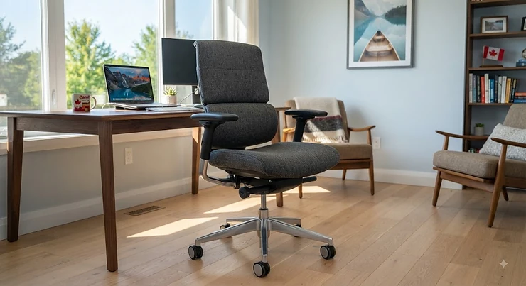 An ergonomic fabric office chair set up in a modern Canadian home workspace.