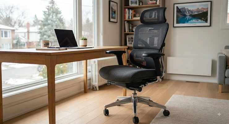 Ergonomic high back office chair designed for all-day comfort in a Canadian home workspace.