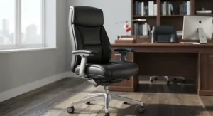 High-back executive black leather desk chair offering lumbar support for Canadian professionals
