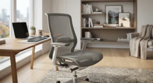 Stylish breathable office chair with grey mesh upholstery set up in a contemporary Canadian apartment workspace.