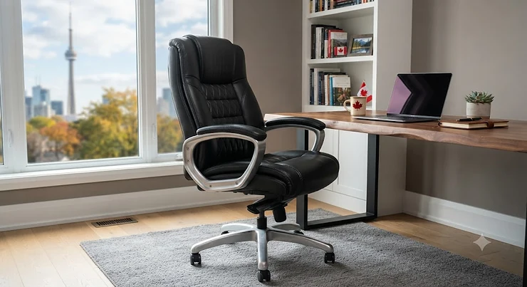 A professional genuine leather executive office chair set up in a modern Canadian home office with natural lighting. genuine leather office chairs