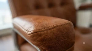 Close-up texture shot of durable genuine upholstery on high-end leather office chairs designed for Canadian workspaces.