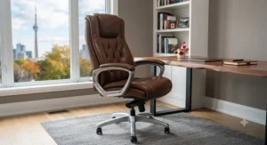 A stylish high-back brown genuine leather computer chair positioned beside a solid wood desk.