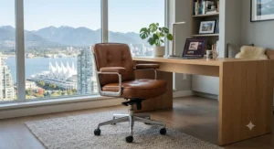 A smooth-rolling brown leather swivel office chair with armrests positioned in a spacious Vancouver remote workspace.