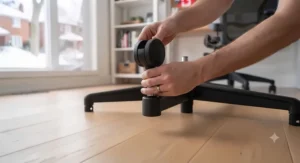 Hands installing new caster wheels into the socket of an office chair base during maintenance.