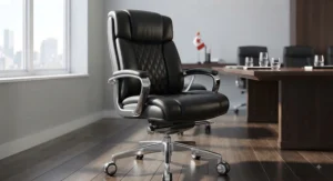 Luxury executive black leather chair with a sturdy polished chrome base for Canadian boardrooms