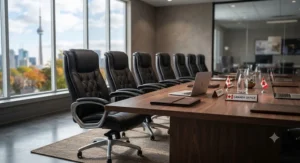 A row of premium genuine leather conference room chairs arranged around a boardroom table in an office.