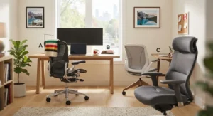 A selection of comfortable mesh office chairs arranged in a bright, modern remote work setup.