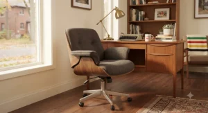 Mid-century modern upholstered office chair in a warm, inviting Canadian study