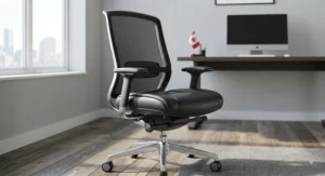 Modern black leather office chair with breathable mesh accents suitable for contemporary Canadian offices