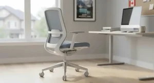 Modern mesh task chair with a sleek white frame, perfect for contemporary Canadian workspace aesthetics.