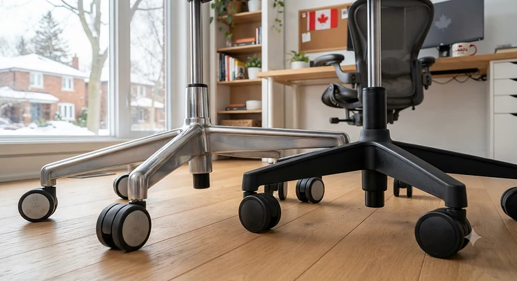 Close-up of durable office chair bases and smooth-rolling wheels designed for Canadian home offices. office chair bases and wheels