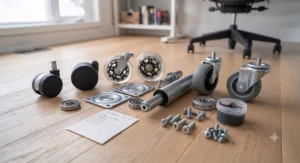 Assorted office chair mobility wheels and swivel components laid out for workspace upgrades.