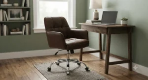 Padded faux leather swivel task chair designed for compact study areas and dens.