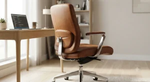 An ergonomic brown leather desk chair featuring adjustable lumbar support and polished chrome base for daily work.