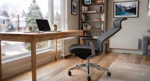 Reclinable high back office chair equipped with an integrated headrest for enhanced relaxation breaks.