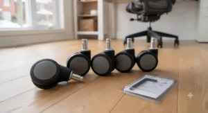 Set of replacement caster wheels for desk chairs ensuring smooth movement on hard floors and carpets.