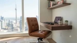 A compact, armless black leather office chair tailored for small home offices and urban Canadian living spaces.