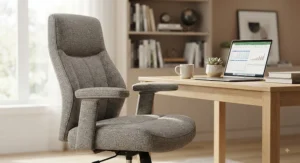 A stylish upholstered office chair featuring durable fabric suitable for remote work.