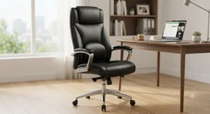 High-back faux leather office chair with built-in lumbar support for remote workers.