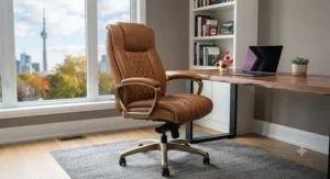 A warm tan genuine leather executive chair adding a touch of sophistication to a bright study space.