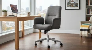 Height-adjustable upholstered office chair offering support and mobility for Canadian users