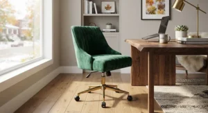 Stylish velvet upholstered office chair adding texture to a Canadian interior design