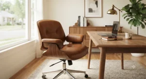 A stylish mid-century modern brown leather office chair paired with a minimalist walnut writing desk.