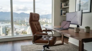 A cozy remote work setup featuring a stylish brown leather office chair paired with a wooden desk in a Vancouver apartment.