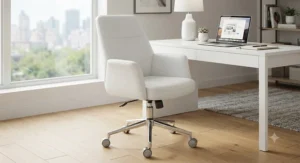 Sleek white faux leather computer chair with smooth-rolling casters for modern apartments.