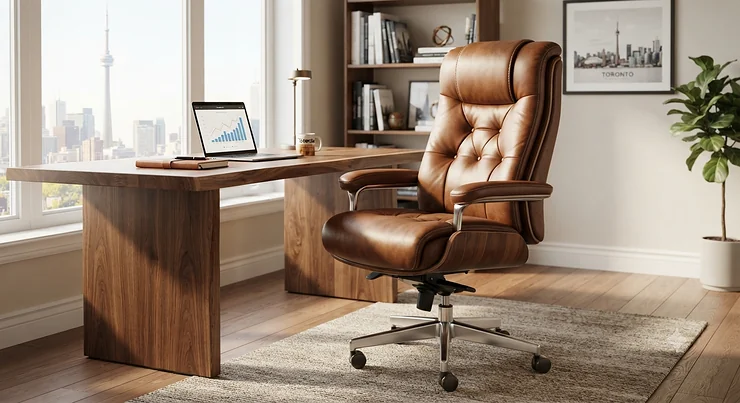 A plush brown leather executive office chair set up at a modern wooden desk in a bright Toronto home office. brown leather office chairs