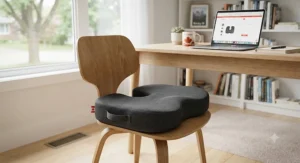 An affordable orthopedic seat cushion with a cutout design resting on a wooden chair in a Canadian home office