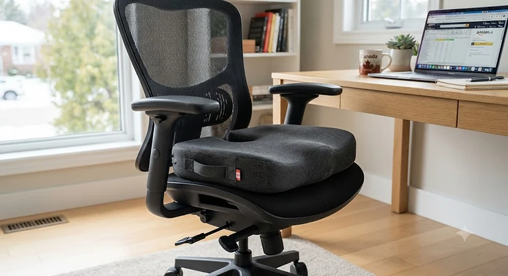 A comfortable memory foam coccyx cushion under $40 CAD on an ergonomic office chair for back pain relief coccyx cushions under $40 CAD