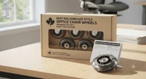 Premium rollerblade style office chair wheels packaged for Canadian shipping with installation instructions included.
