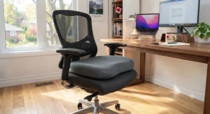 Lightweight breathable mesh seat pad placed on an ergonomic office chair.