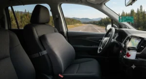 Ergonomic lumbar support cushion secured to a vehicle seat for comfortable long-distance driving across Canadian highways.