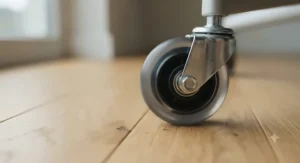Close-up side view of a rubberized polyurethane caster wheel preventing micro-scratches on residential oak hardwood flooring.