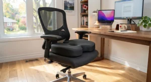 U-shaped ergonomic coccyx cushion designed to relieve tailbone pressure during extended sitting.