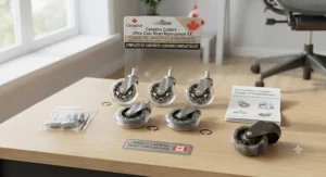 All components included in a standard office chair wheel replacement kit package.