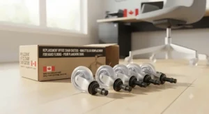 Set of five replacement polyurethane office chair caster wheels laid out with mounting stems ready for installation in a Canadian home.